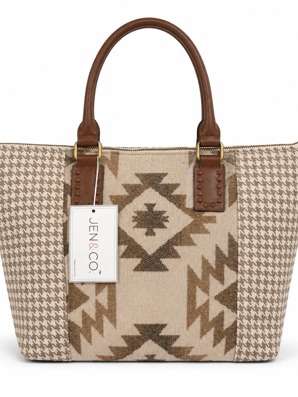 Jen & Co. Southwestern Houndstooth Tote Bag NWT Neutral Brown Beige
